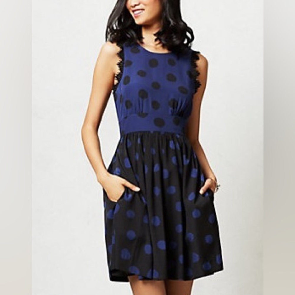 Anthropologie 6 Corey Lynn Calter Dress Blue‎ Black Split Polka Dot Dress